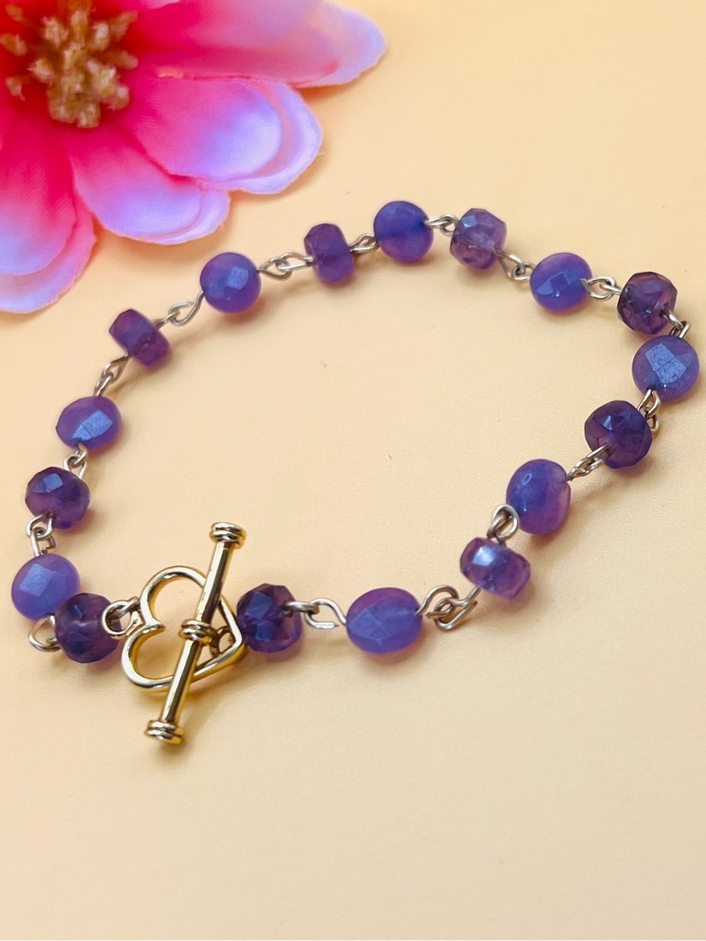 Amethyst Beaded Bracelet gold plated wire